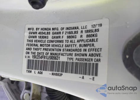 2020 Honda Insight Touring z USA, uszkodzony, nr VIN 19XZE4F91LE005631